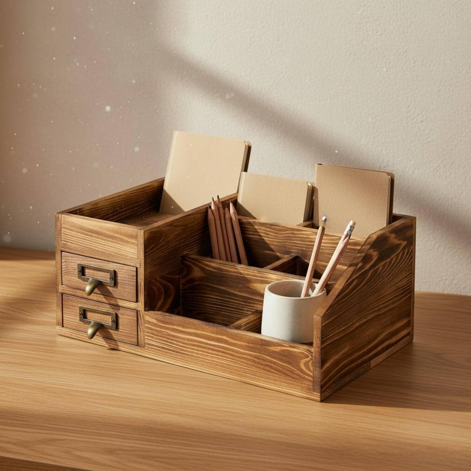 Organizer da Scrivania in Legno Contenitore Portadocumenti Cassettiera Portapenne con 6 Scomparti E 2 Cassetti con Portaetichette Adatto a Studio, Bianco Vissuto