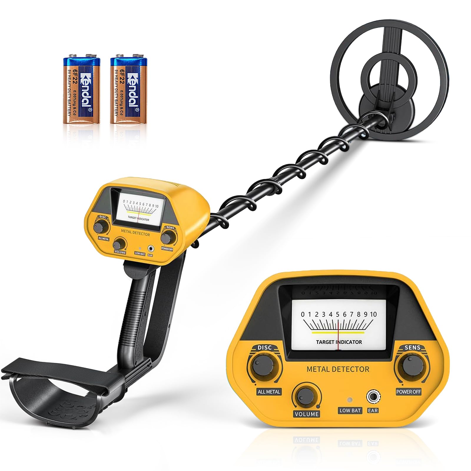 Metal detector ricaricabile Set professionale per adulti e bambini, alta precisione,impermeabile,regolabile in altezza,metal detector per oro 78-108cm con bobina di ricerca da 25cm (Giallo)