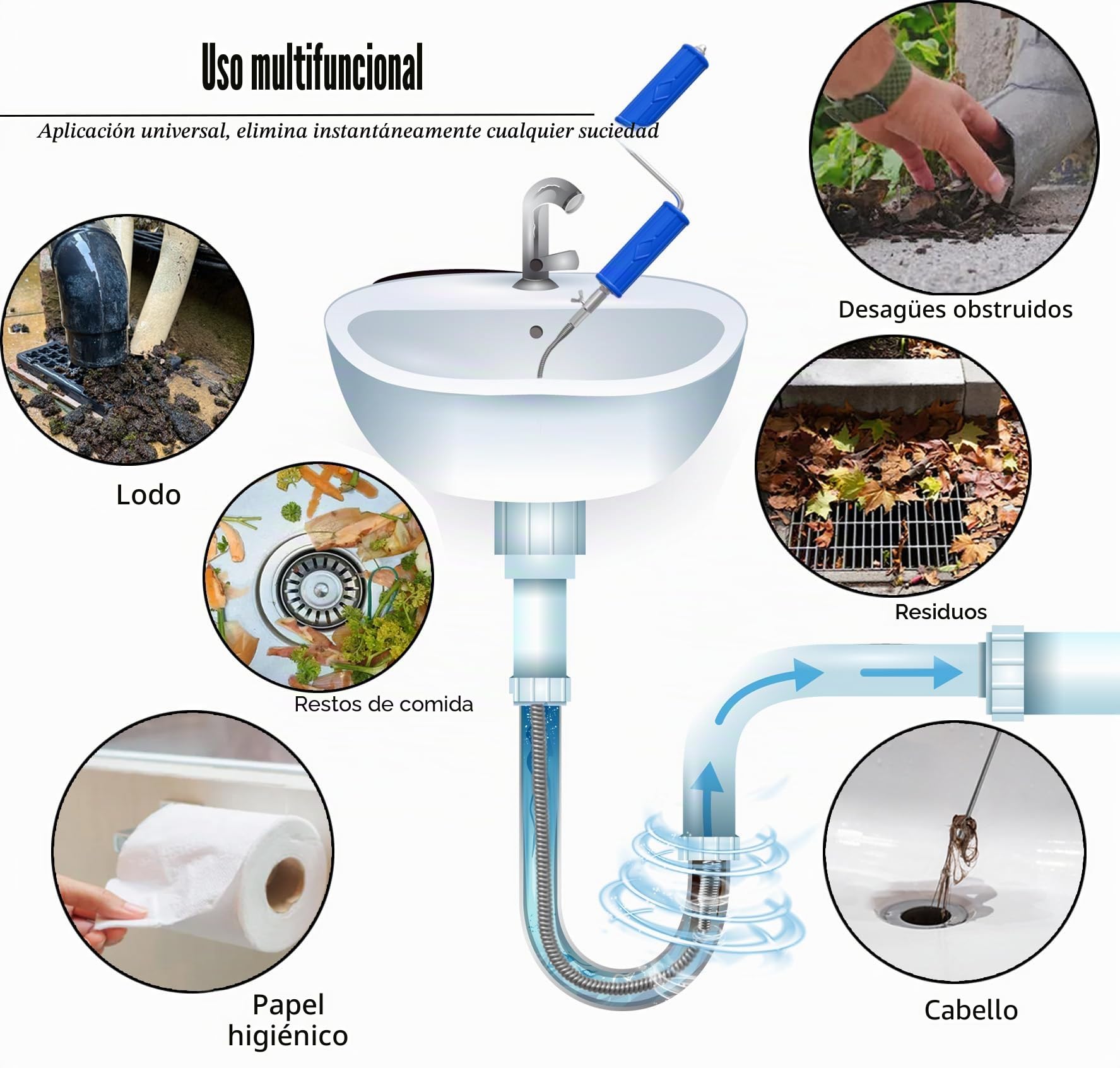 Espiral para limpieza de tuberías, diámetro de 6 mm, espiral de limpieza con adaptadores eléctricos y manuales, limpiador de tuberías en espiral, espiral eficiente (5 m)