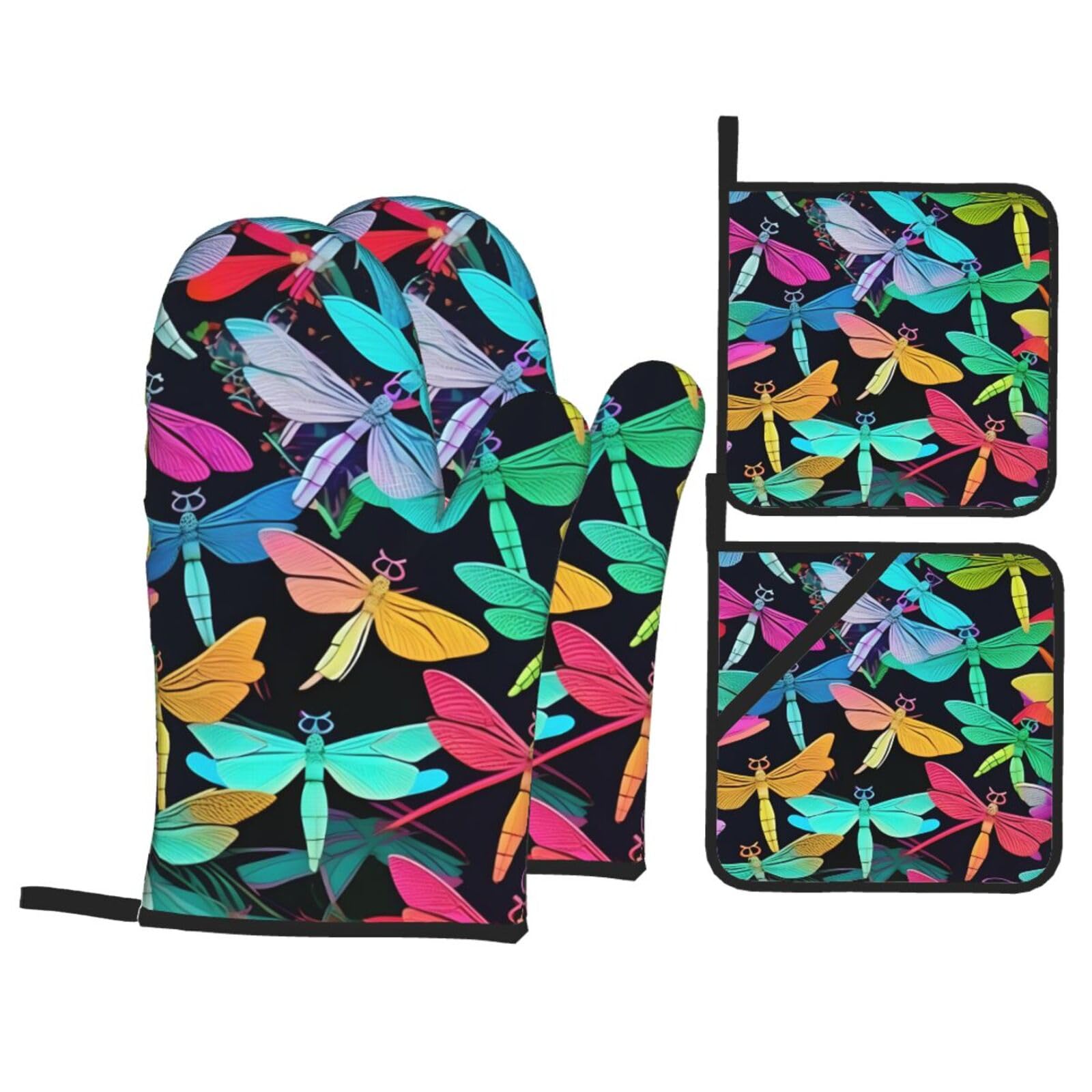 Cute Dragonflies Print 4-Piece Oven Microwaving Set Waterproof Kitchen Gloves for Baking Grilling Cooking
