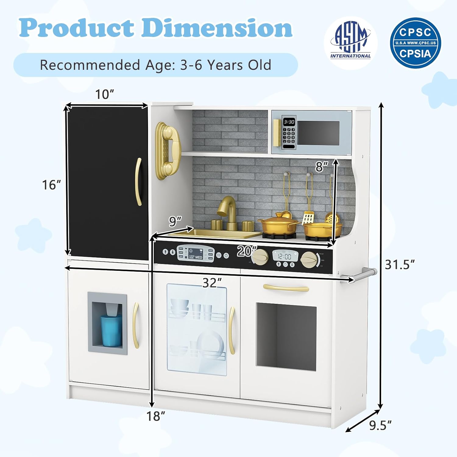 Product dimensions diagram for KOTEK Play Kitchen