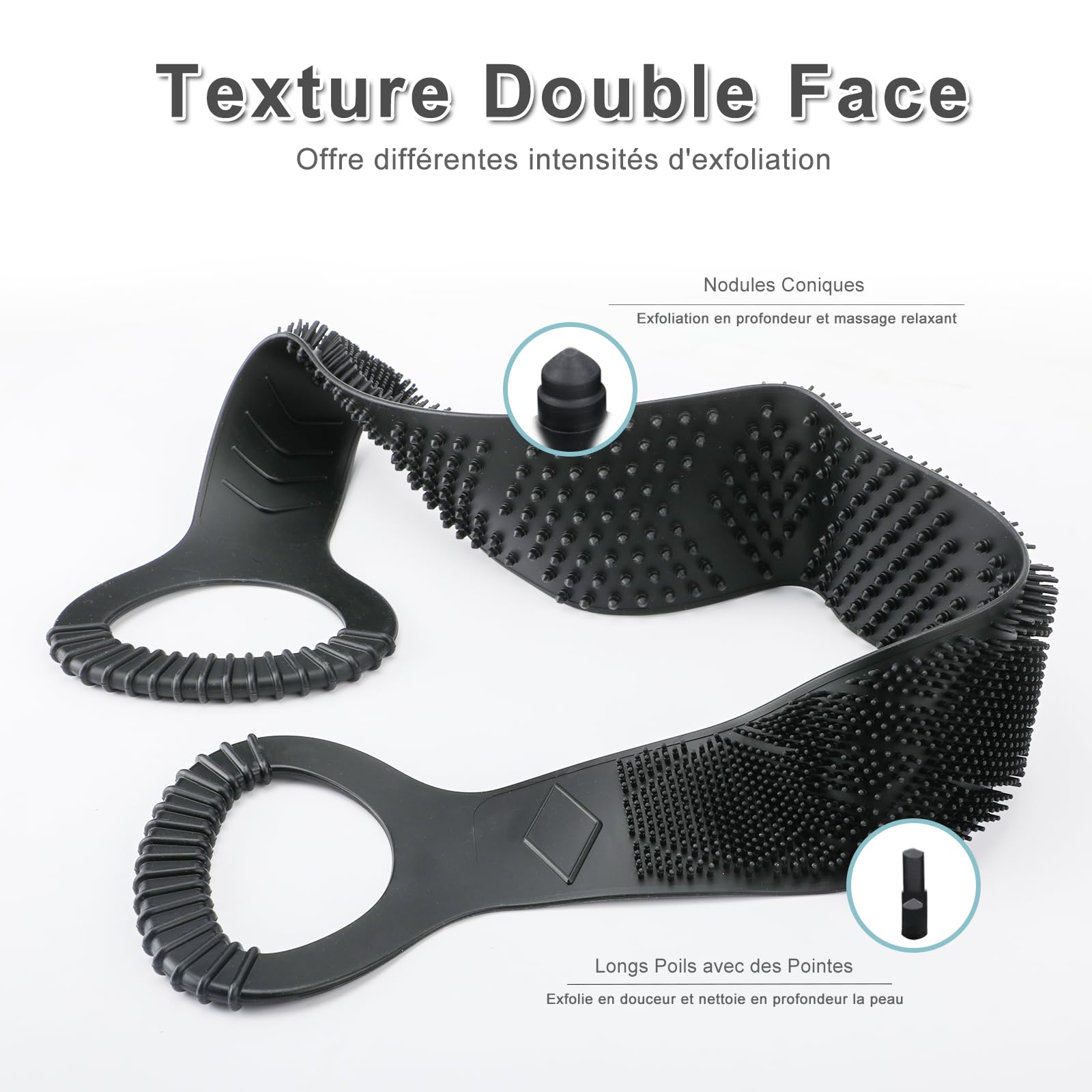 FREATECH Brosse Dos à 2 Côtés pour Nettoyage en Profondeur et Massage, 90 cm Bain Douche Corps Brosse Rondelle, Couvrez Facilement Tout le Dos, Hygiénique et Durable, Noir