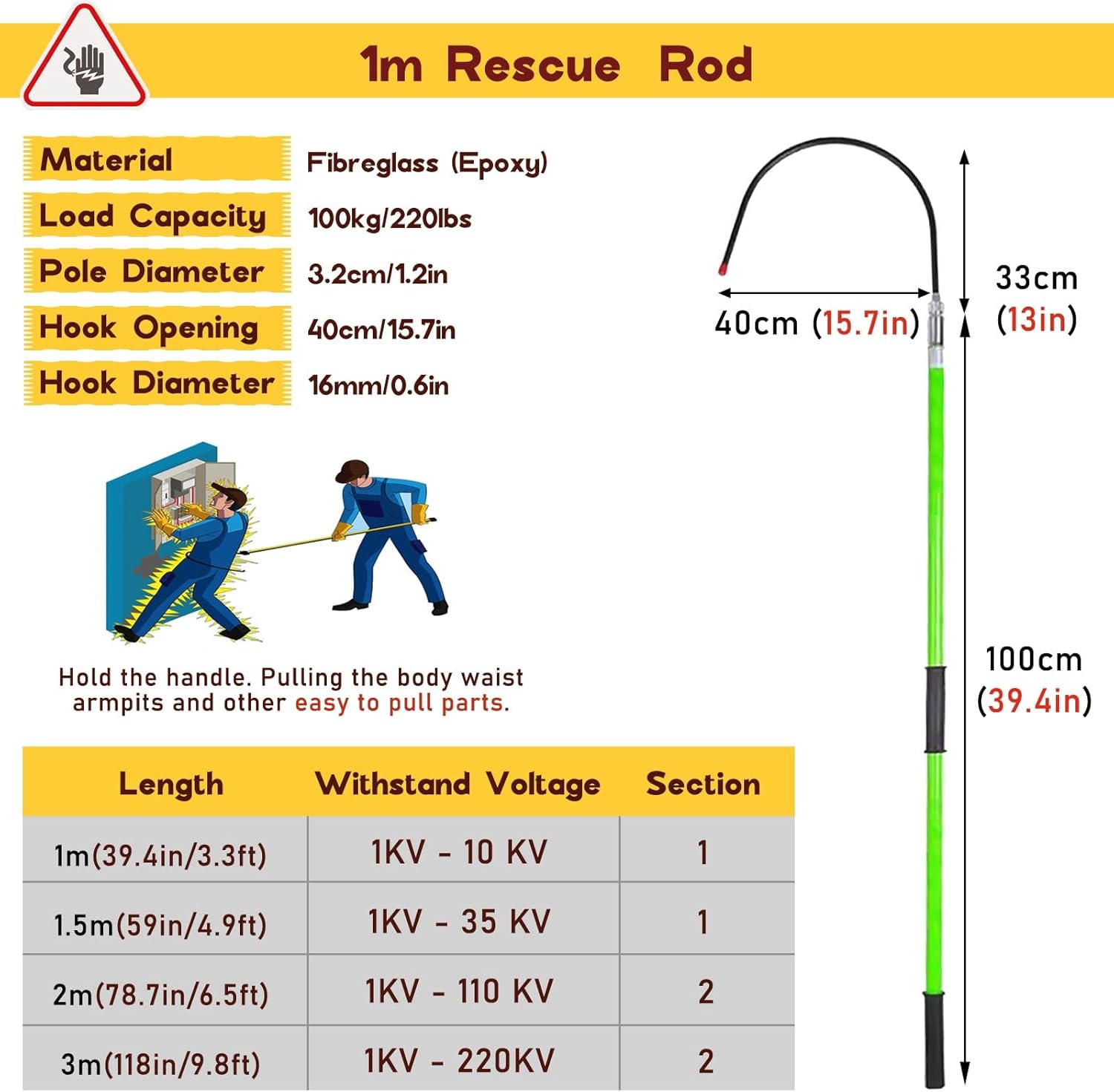 Rescue Hook Saftey Tool Power Maintenance High-Voltage Pulling Rod, Electrical Safety Tool Rescue Hook with Insulated Pole, 1 1.5 2 3 M Long Electrocution Emergency Rescue Sticks(Green-1pcs,1m/39in-10