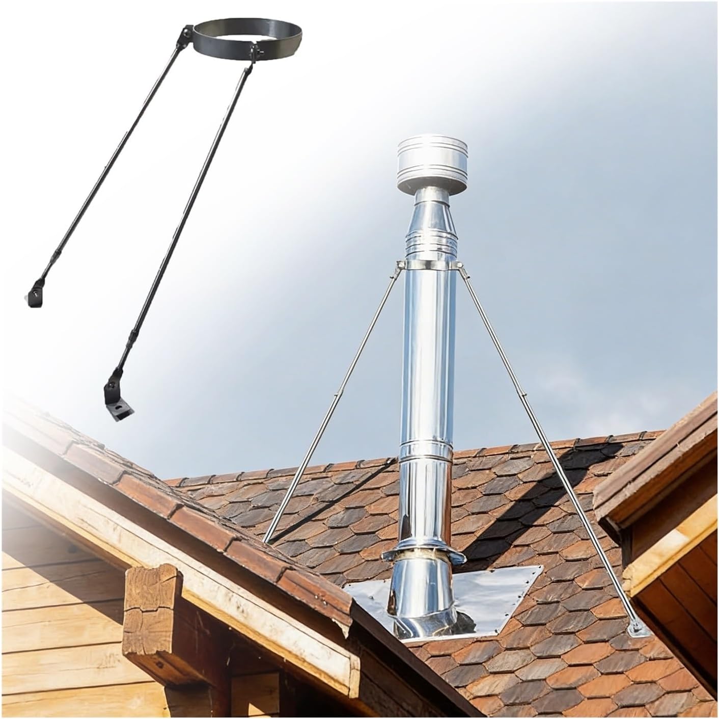 Adjustable Stainless Steel Chimney Roof Support Kit for 3" to 10" Pipes - Durable, Stable, and Safe with 7 1/16" Diameter Legs for Long-Lasting Performance