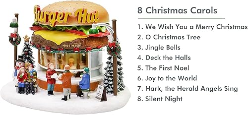 Miniatura 6 de MOMENTS IN TIME Christmas Village Burger Shop - Edificio iluminado con LED y música, reproduce 8 canciones navideñas clásicas, decoración navideña
