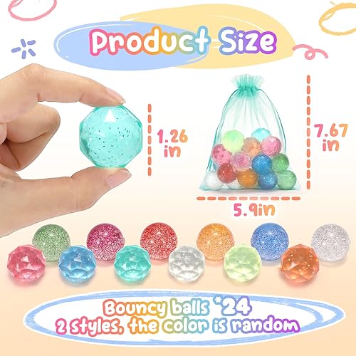 Miniatura 10 de Pelotas hinchables para niños, 24 bolas de goma con bolsa de almacenamiento, bola rebotadora colorida pequeña juguetes para la ansiedad para regalos