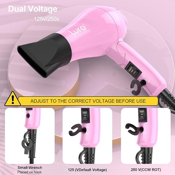 Foldable Travel Hair Dreyr Mini:Dual Voltage Small Lightweight Blow Dryer for International Travel,1200w Compact Pink Hairdryer with Concentrator and Travel Bag(Hot Pink)