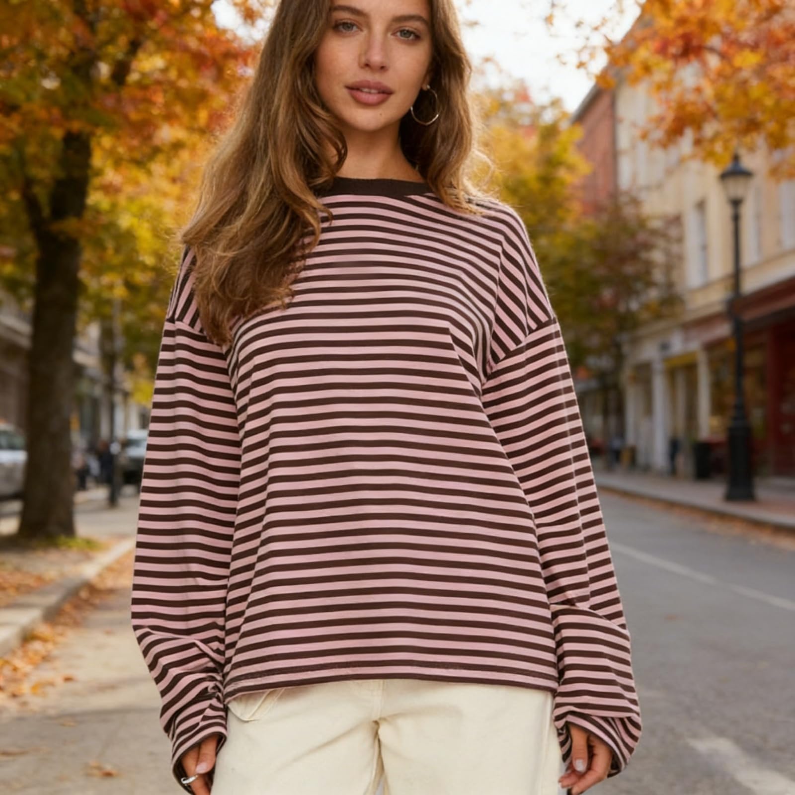 Damen Oversize Langarm-T-Shirt mit Streifen – Y2K-Tops | Oversize-Rundhals-Shirt für Herbst & Frühling – Vintage-Top mit überschnittenen Schultern