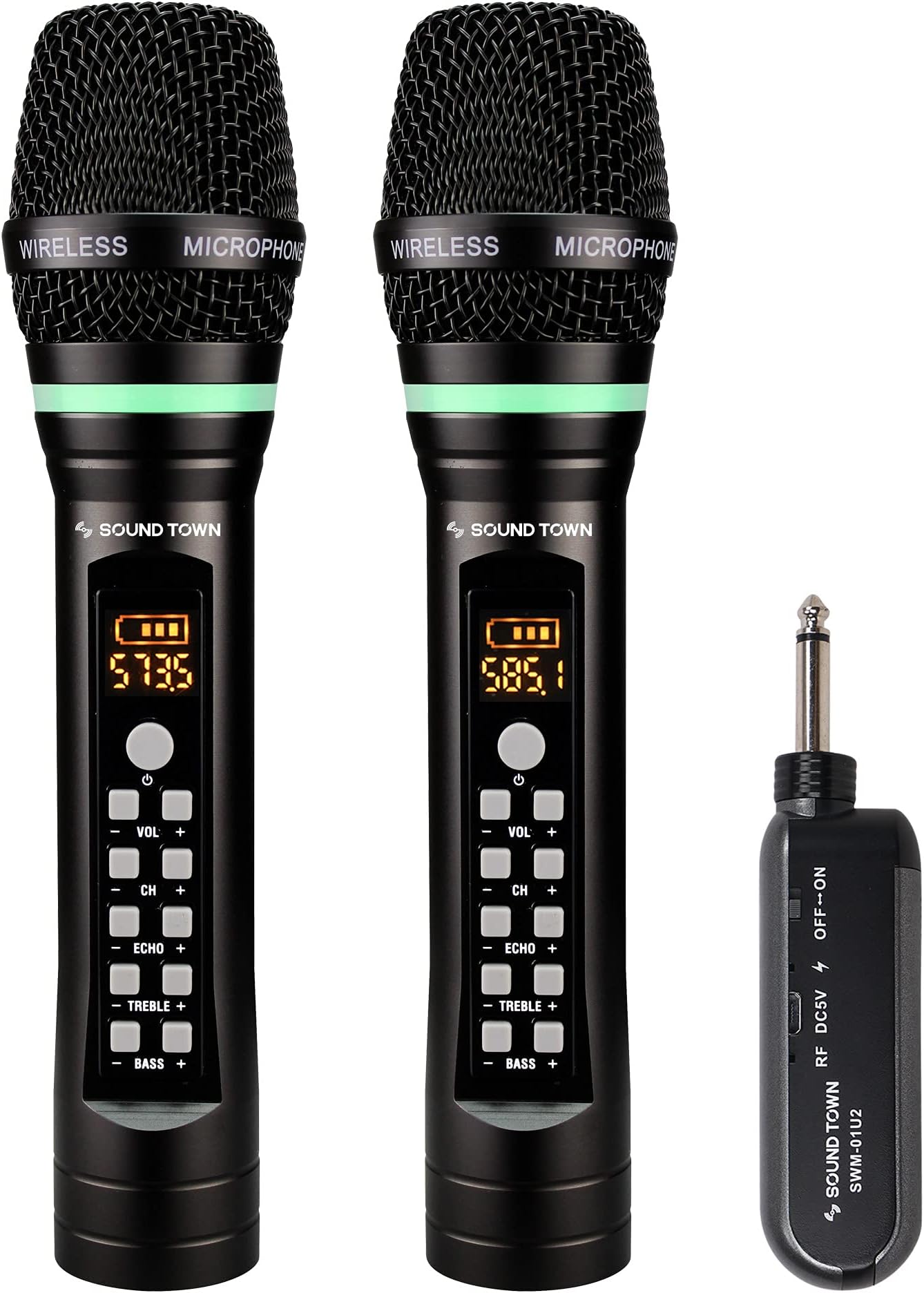 Sound Town 100-Channel UHF Rechargeable Wireless Handheld Microphone System with Built-in Effects, 1/4" Mini Portable Receiver for Karaoke, Events, Church, Meetings (SWM01-U2HH)