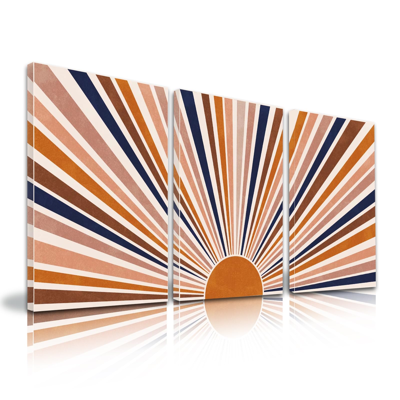 Yue Yue Sheng Boho Sun Wall Art, Boho Mid-Century Modern Framed Canvas Of Sunrise, Rainbow Posters Nature, Watercolor Rainbow Sun Rising On The Horizon Decoration 12x16inx3