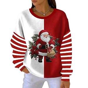 Womens Funny Ugly Christmas Sweatshirts Santa Claus Striped Plaid Long Sleeve Crewneck Pullover Sweater Festive Party Outfit