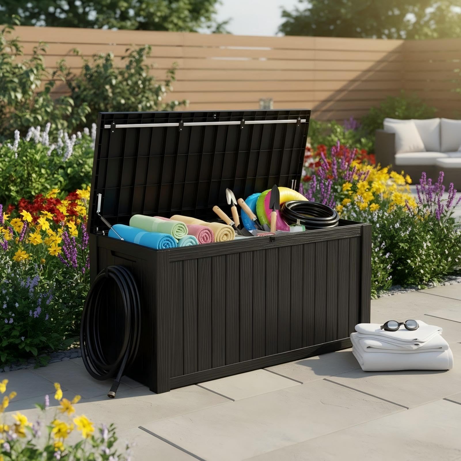 180 Gallon Resin Deck Box with Lockable Lid - Outdoor Waterproof Storage for Patio Furniture, Garden Tools, Cushions & Pool Accessories, All-Weather Wood Grain Design