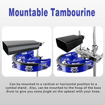 EASTROCK Drum Set Blue Tambourine with Mounting Eye Bolt Double Row Frame