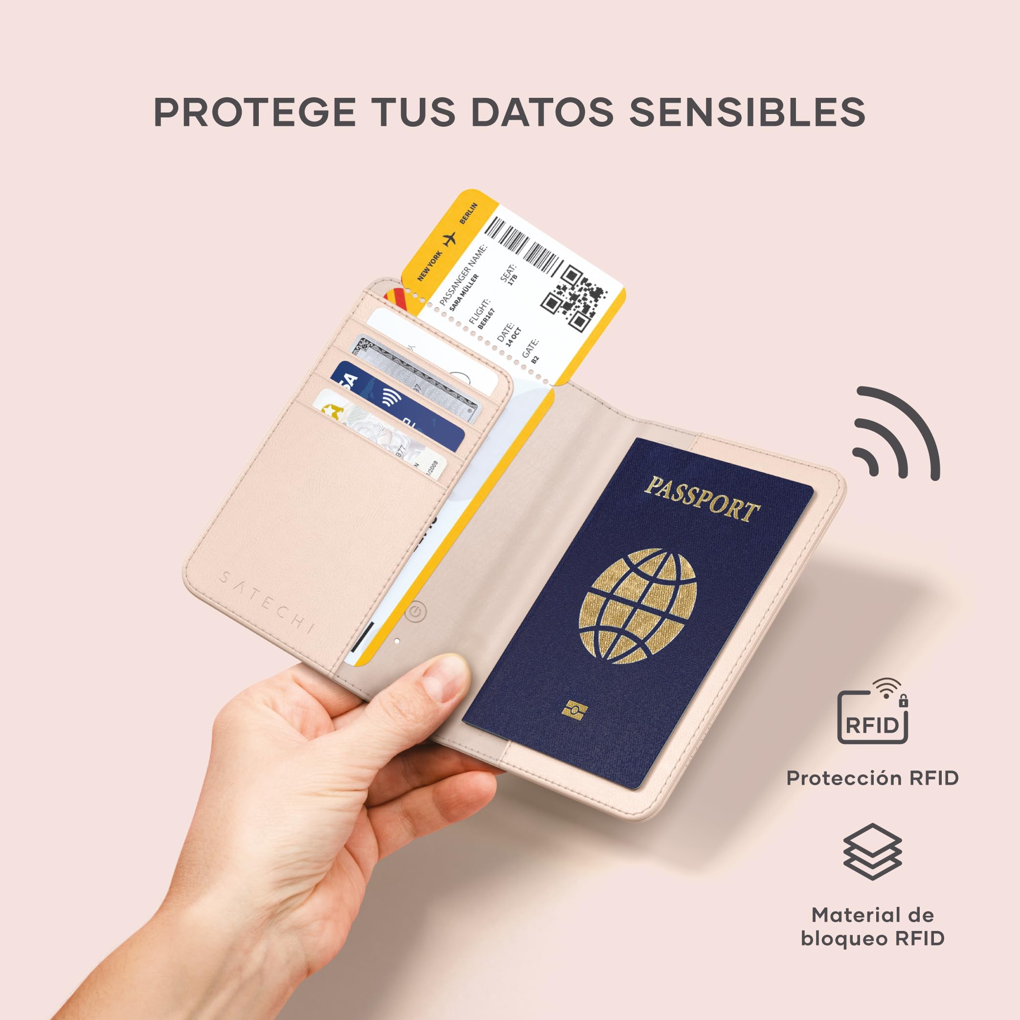 SATECHI FindAll Funda Pasaporte para Viaje con Find My con 4 Slots para Tarjetas, Carga Inalámbrica y Protección RFID, Compatible con App iOS Buscar, Material Premium (PU) - Rose