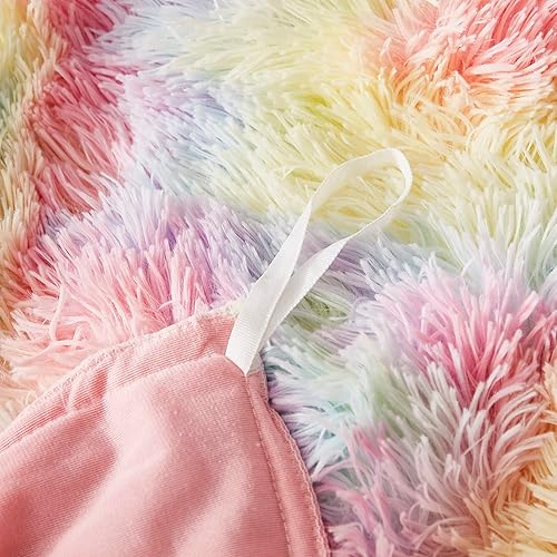 Miniatura 6 de Uhamho Juego de funda de edredón de terciopelo de pelo sintético esponjoso con funda de almohada, ultra suave, cálido y duradero (arcoíris,