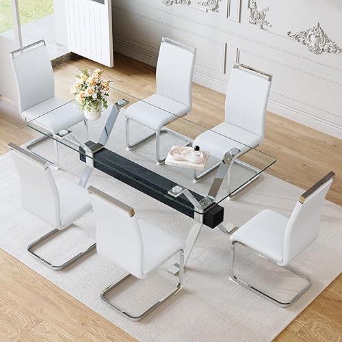 Miniatura 17 de Juego de mesa de comedor de cristal de 71 pulgadas para 6 personas | Juego de mesa de comedor moderno para 6 con sillas de piel sintética | Mesa de
