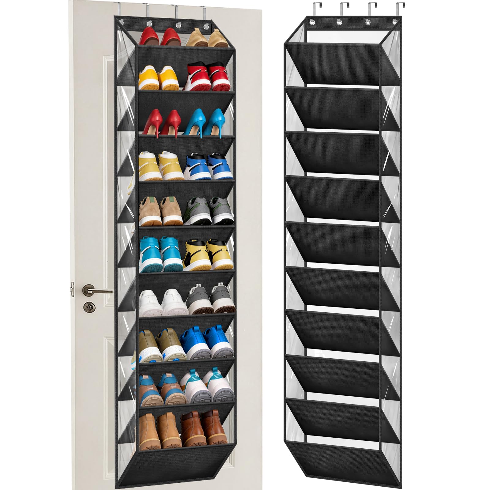 AOODA Organizador de zapatos transparente de 10 niveles para colgar sobre la puerta, bolsillos profundos, zapatero grande para puerta de armario, se adapta a 20 pares de ganchos para zapatos para