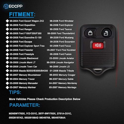 Miniatura 2 de ECCPP Compatible con llavero de automóvil a control remoto de entrada sin llave (solo funda de carcasa) Lincoln Ford Mercury Mazda Series CWTWB1U212