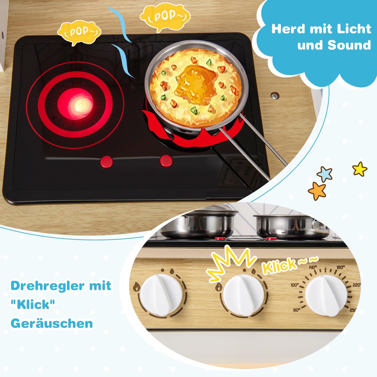 DREAMADE Kinderküche Holz mit Zubehör, Holzküche Mini Küche Kinder Küche mit Herd Ofen Waschbecken, Spielküche mit Licht und Sound für Kinder ab 3 Jahren (Weiß)