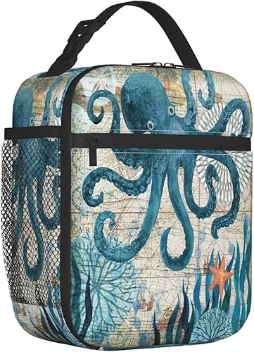 Miniatura 3 de Abucaky Bolsa de almuerzo portátil con diseño de pulpo azul con mapa náutico, bolsa de comida aislada, reutilizable, bolsa enfriadora, contenedor de