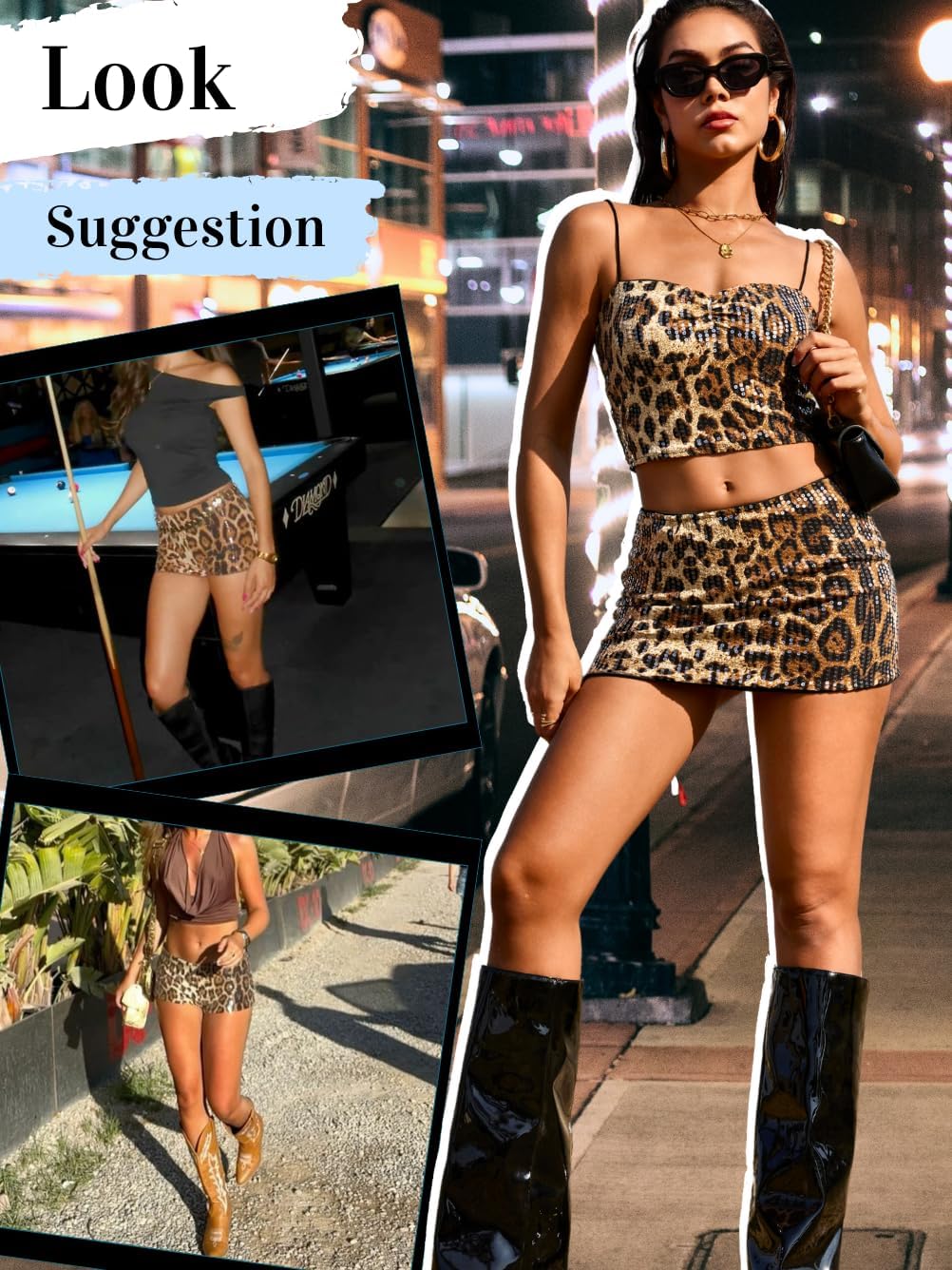 Cheetah Print Skirt Set, Sparkly Sequin Mini Dress, Going Out Outfits, Sexy Club for Women Animal Glitter 2 Piece - Image 7