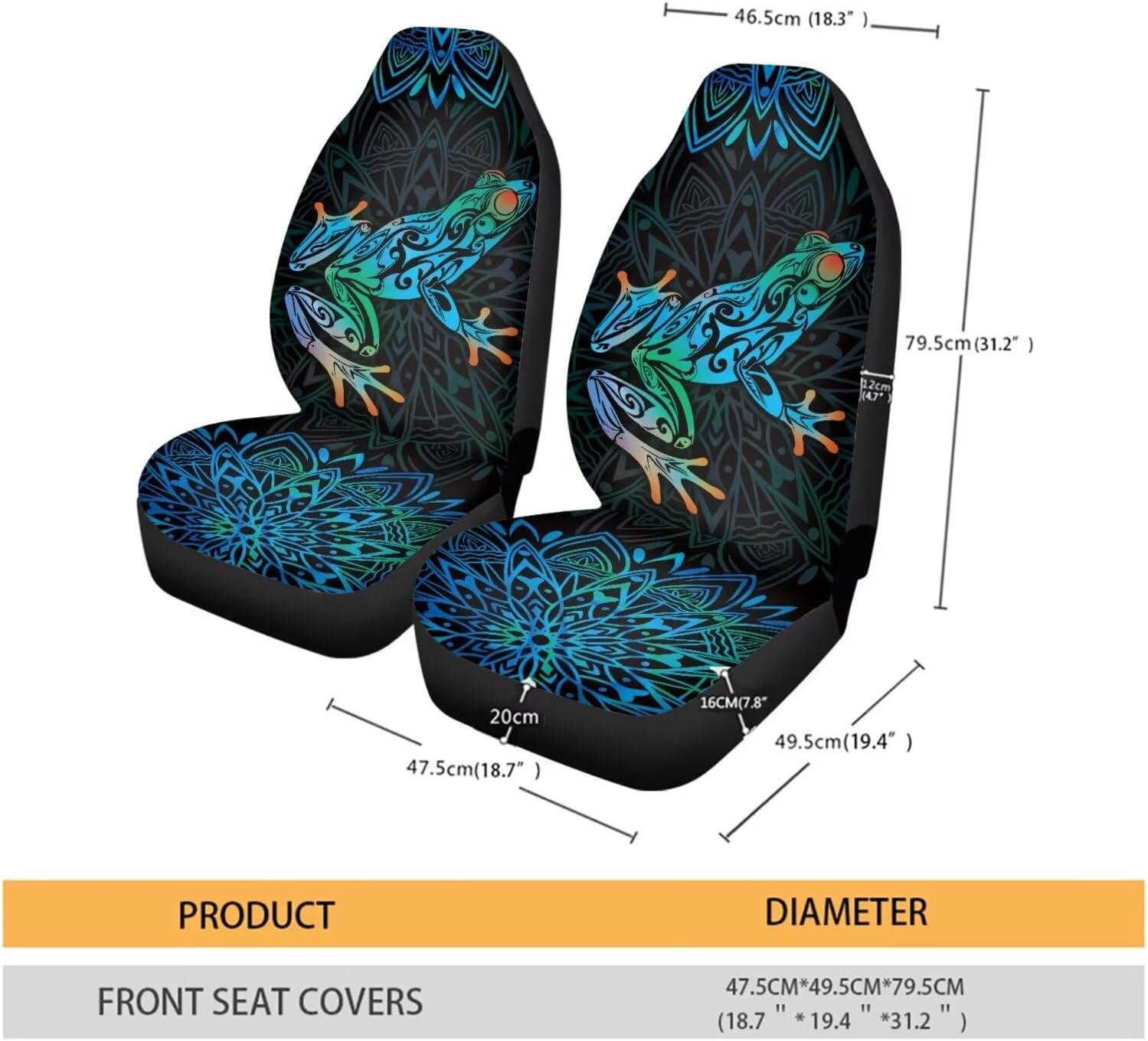 Boho Mandala Print Car Seat Covers Frog Print Auto Seat Cover for Women Men, 2 Pcs Car Seat Covers Front Seats Non Slip Vehicle Accessories Universal Fit Most Vehicles, Blue