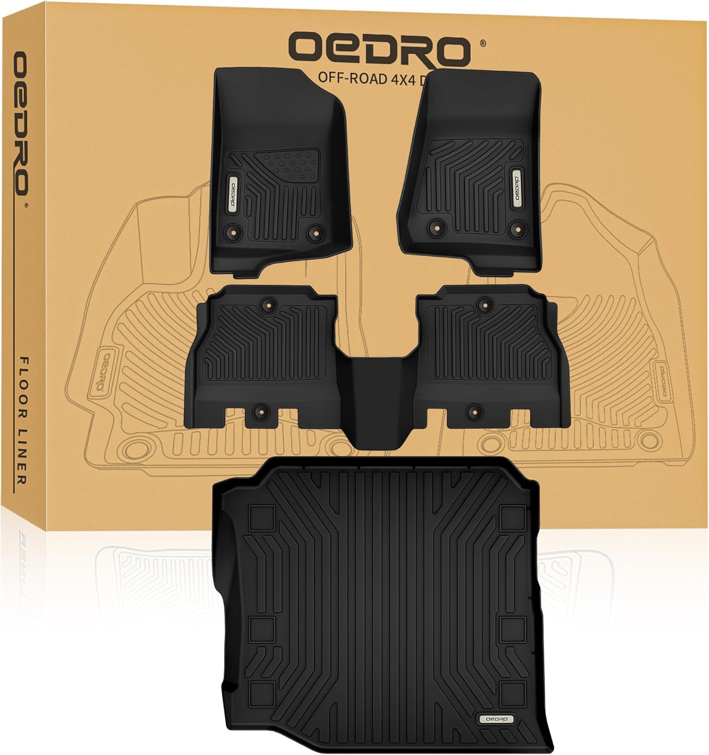 Photo 1 of OEDRO Floor Mats Fit for 2018-2025 2026 Jeep Wrangler JL Unlimited 4-Door W/O Subwoofer (Not Fit for JK & 4XE), Custom Fit TPE All Weather Car Mats Full Set, 1st and 2nd Row & Cargo Liner, Black