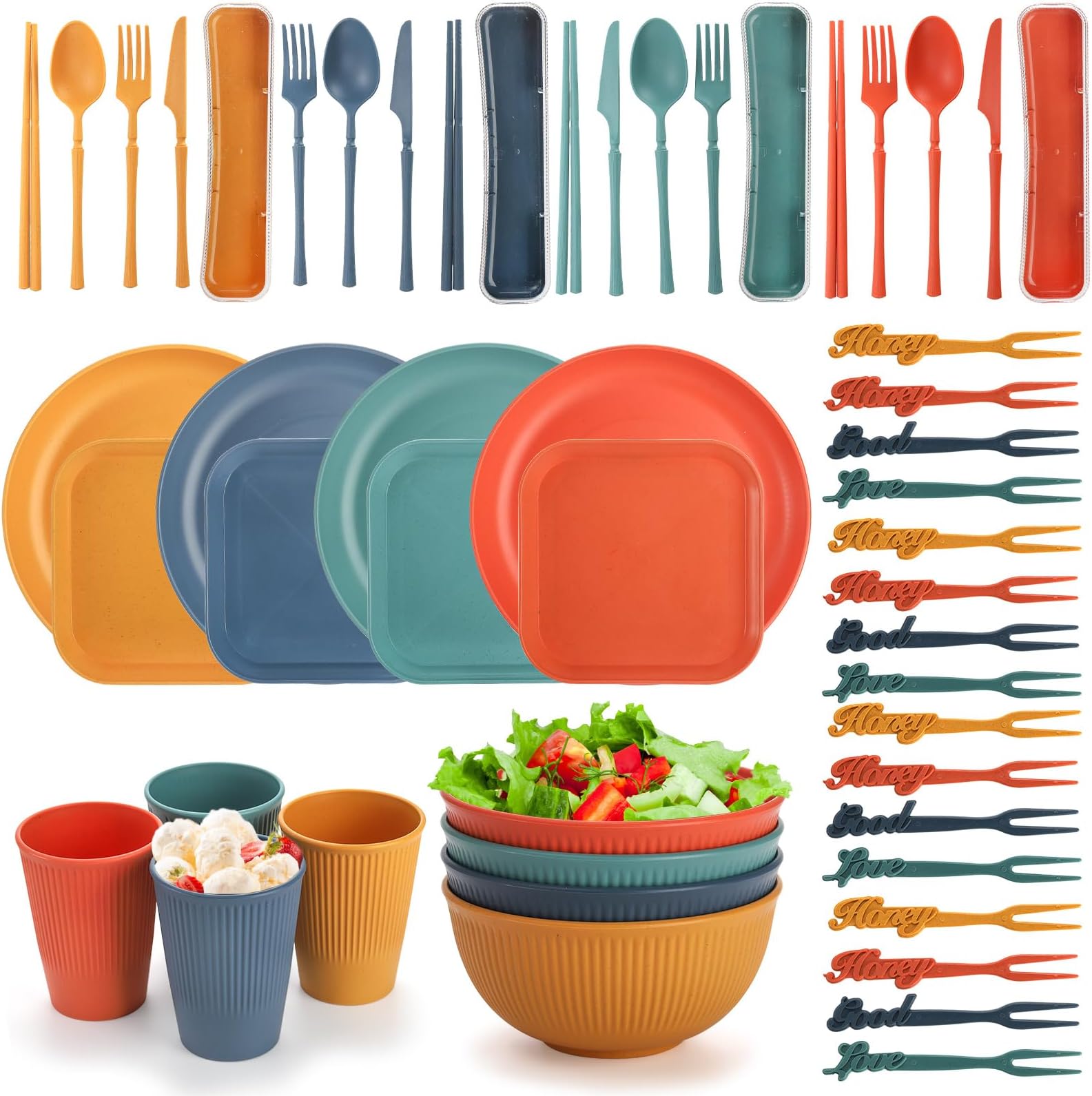 Lyellfe 44 Pieces Wheat Straw Dinnerware Sets, Unbreakable Camping Plates Cups and Bowls Set, Lightweight Kitchen Dish with Knives, Forks, Spoons, Dishwasher Microwave Safe