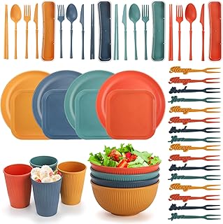44 Pieces Wheat Straw Dinnerware Sets, Unbreakable Camping Plates Cups and Bowls Set, Eco Friendly Lightweight Kitchen Dish with Knives, Forks, Spoons, Dishwasher Microwave Safe