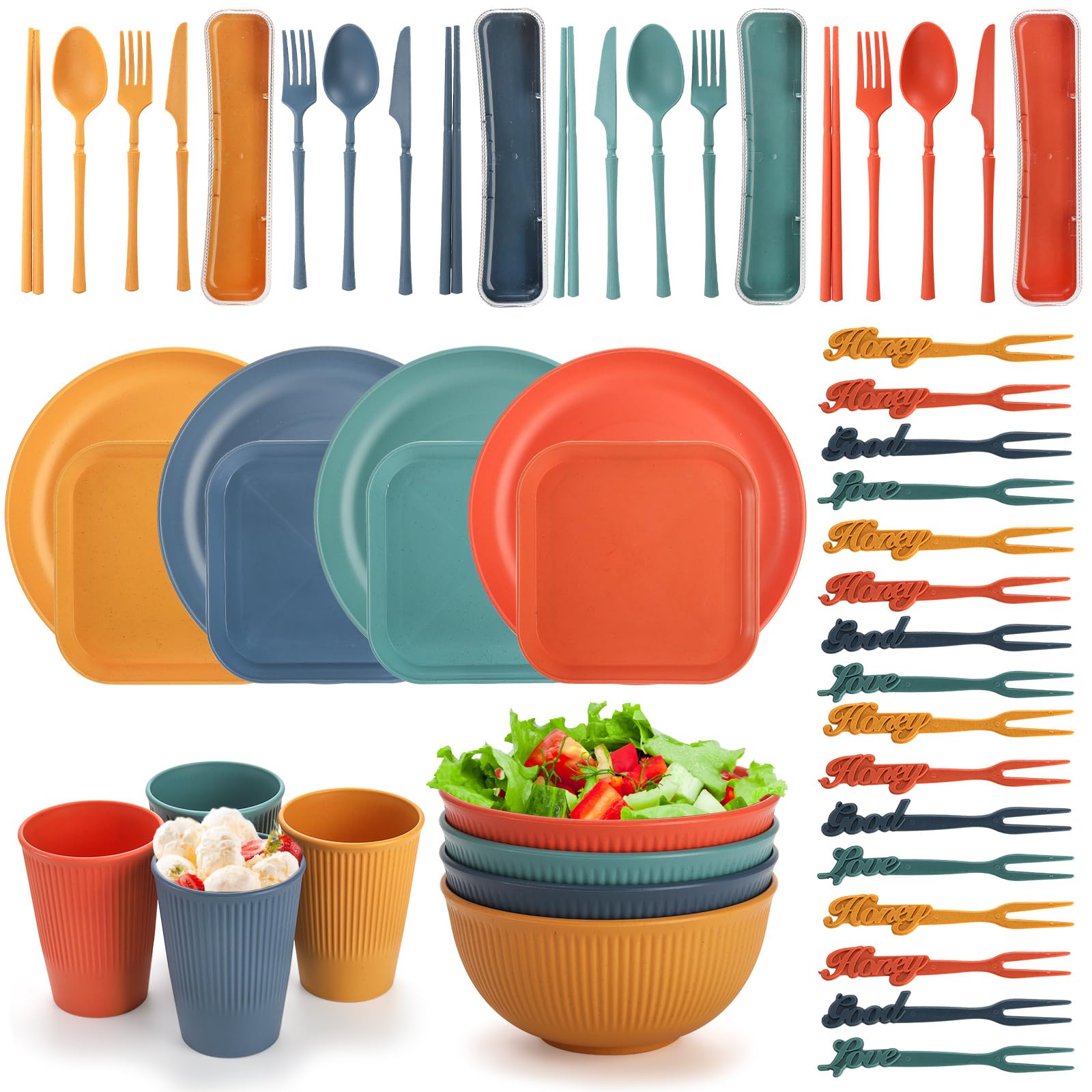 Lyellfe 44 Pieces Wheat Straw Dinnerware Sets, Unbreakable Camping Plates Cups and Bowls Set, Lightweight Kitchen Dish with Knives, Forks, Spoons, Dishwasher Microwave Safe