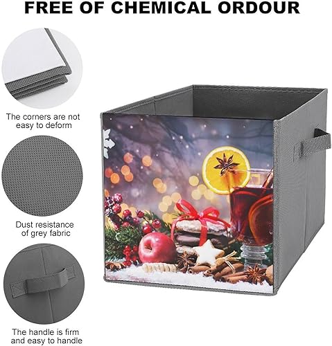 Miniatura 3 de Christmas Wine Food Collapsible Fabric Storage Cubes Organizer with Handles,Wooden Rustic Table Closet Organizers for Shelves,Foldable,for