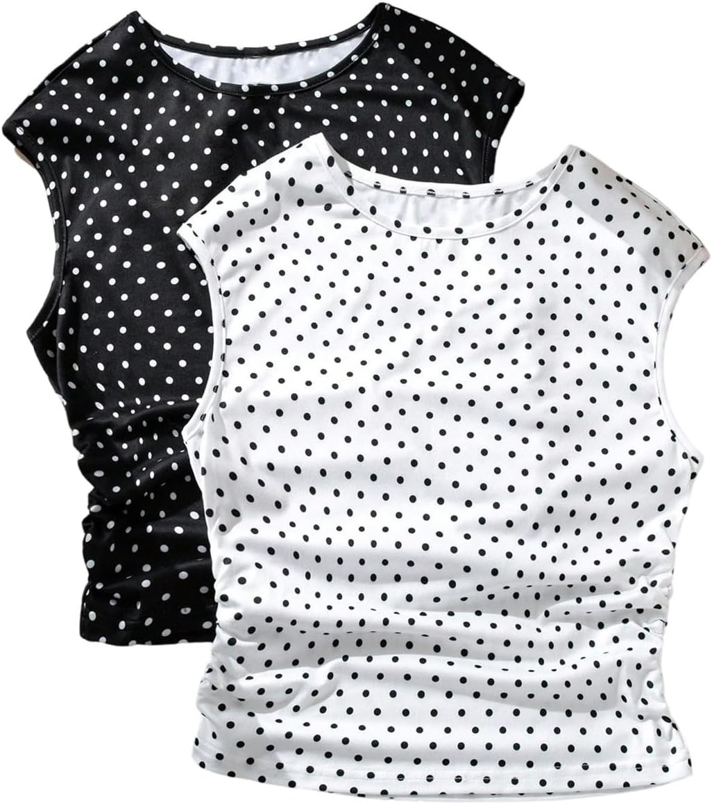 OYOANGLE Girl's 2 Pack Polka Dots Tank Top Crew Neck Side Ruched Sleeveless Fitted Cute Tops