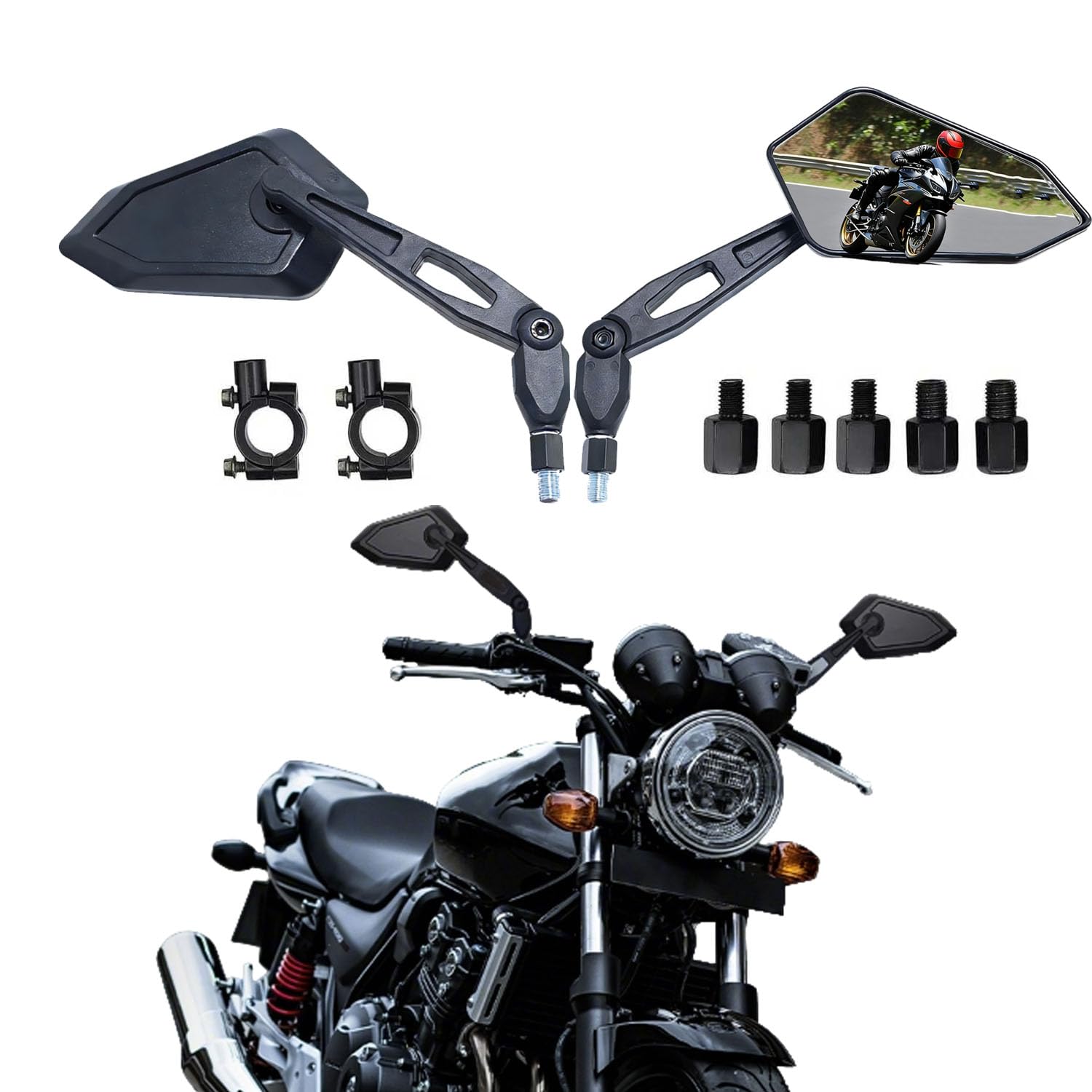Specchietti Retrovisori Moto Universali con attacco M8 M10 e 7/8", Omologati E, per Moped, Roller, Touring, Street Bike, Cruiser, ATV