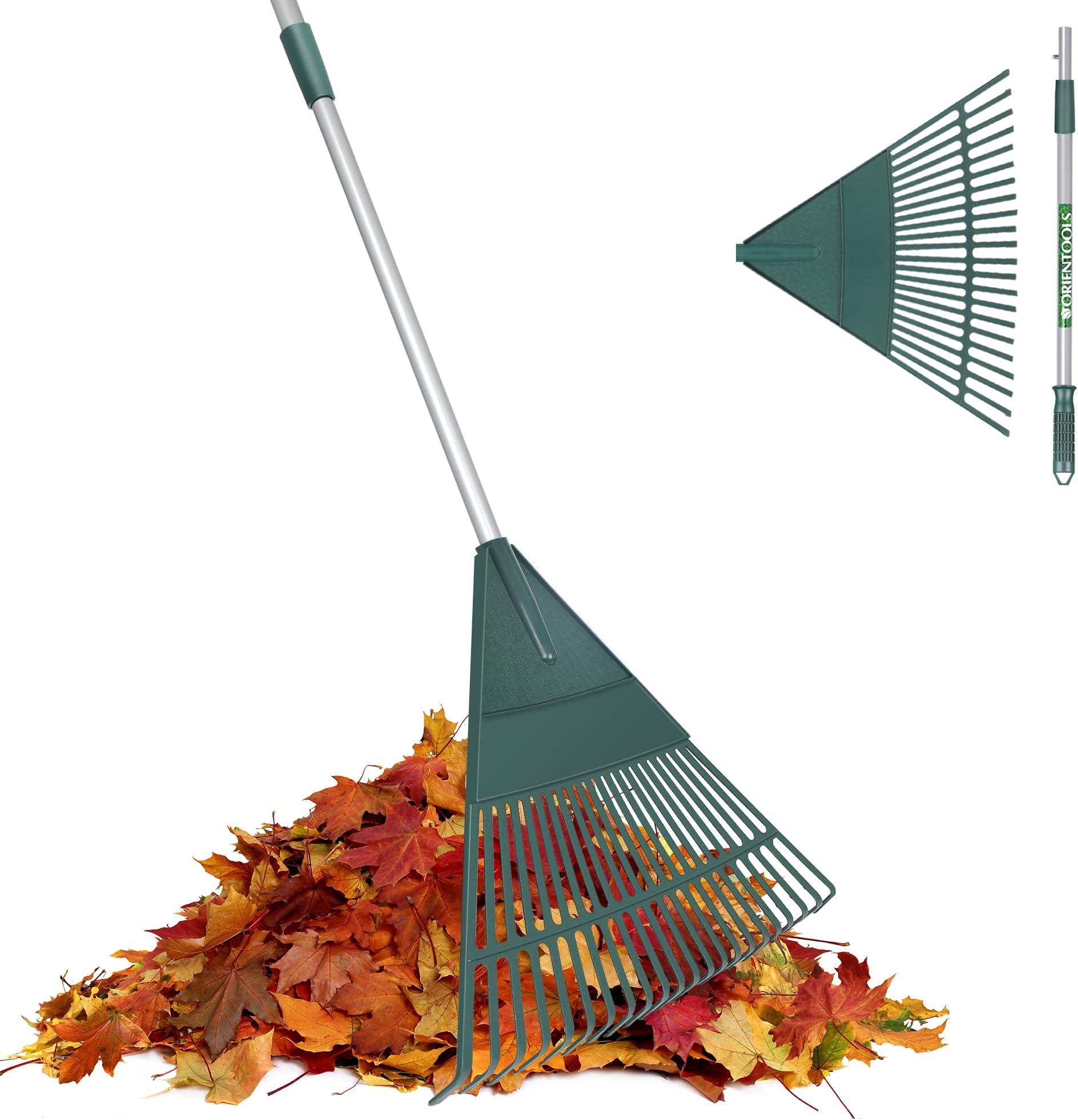 ORIENTOOLS Garden Leaf Rake, Adjustable Lightweight Steel Handle Poly Shrub Rake, Plastic Head, 22 Tines, 107cm to 153cm