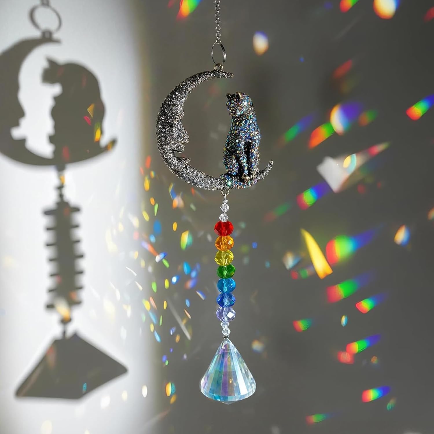 Crystal Suncatchers Moon Cat Sun Catchers Hanging Ornament with Chakra Beads Prism Pendant Pet Me...