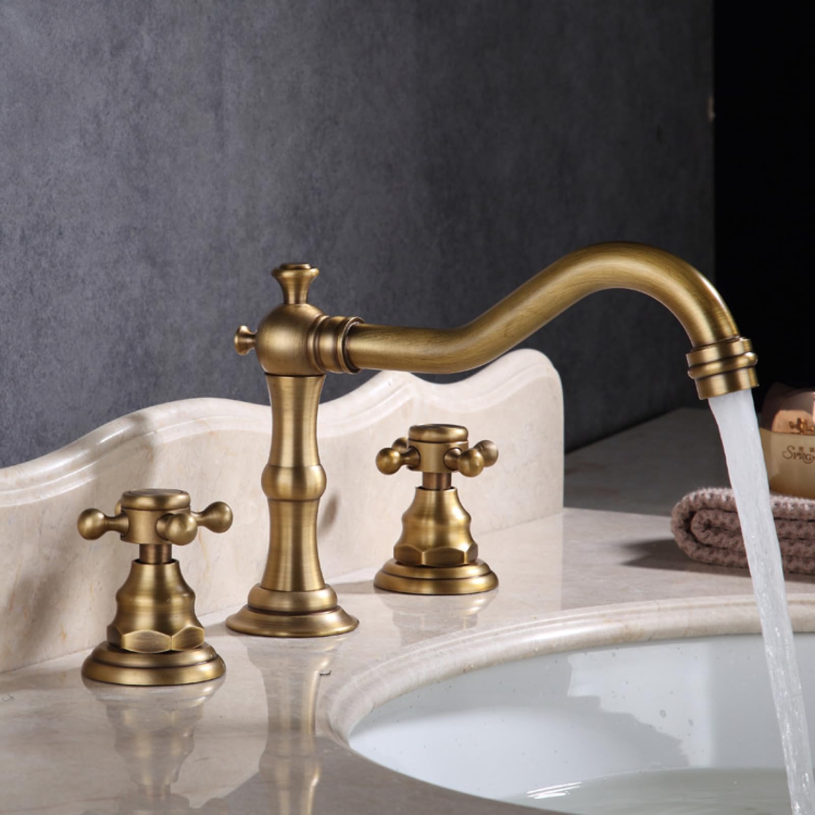 Fanjubei Imitating Ancient Styles Brass Split Double-Handle Three-Hole Turbocharged Hot And Cold Water Mixer Basin Faucet, Antique Style
