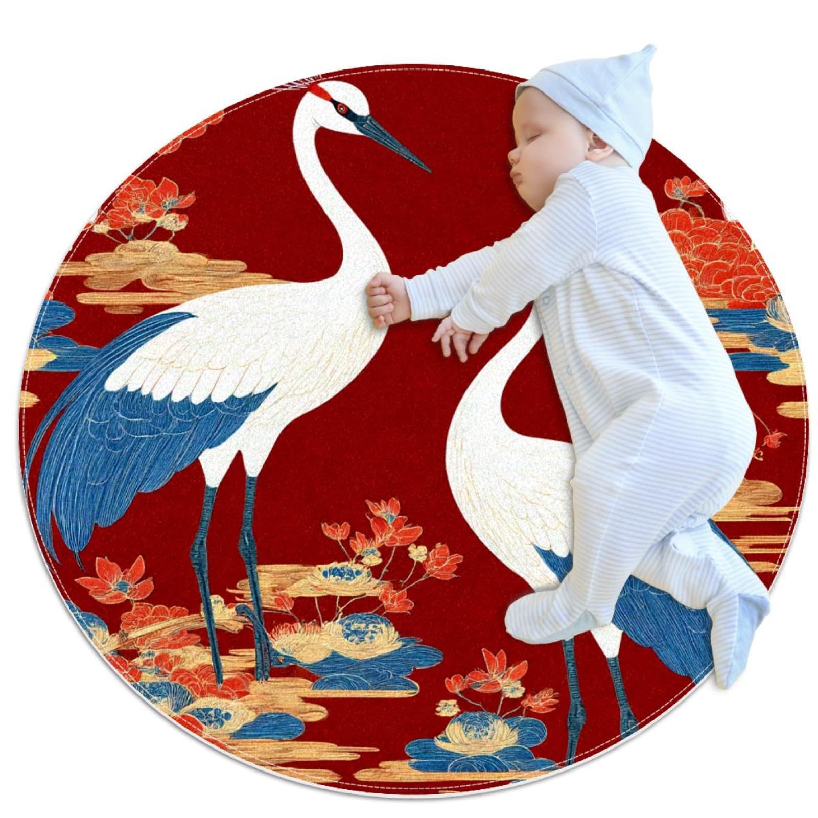 Tapis de salle de bain antidérapant à motif de grues et fond rouge pour sécuriser la chambre