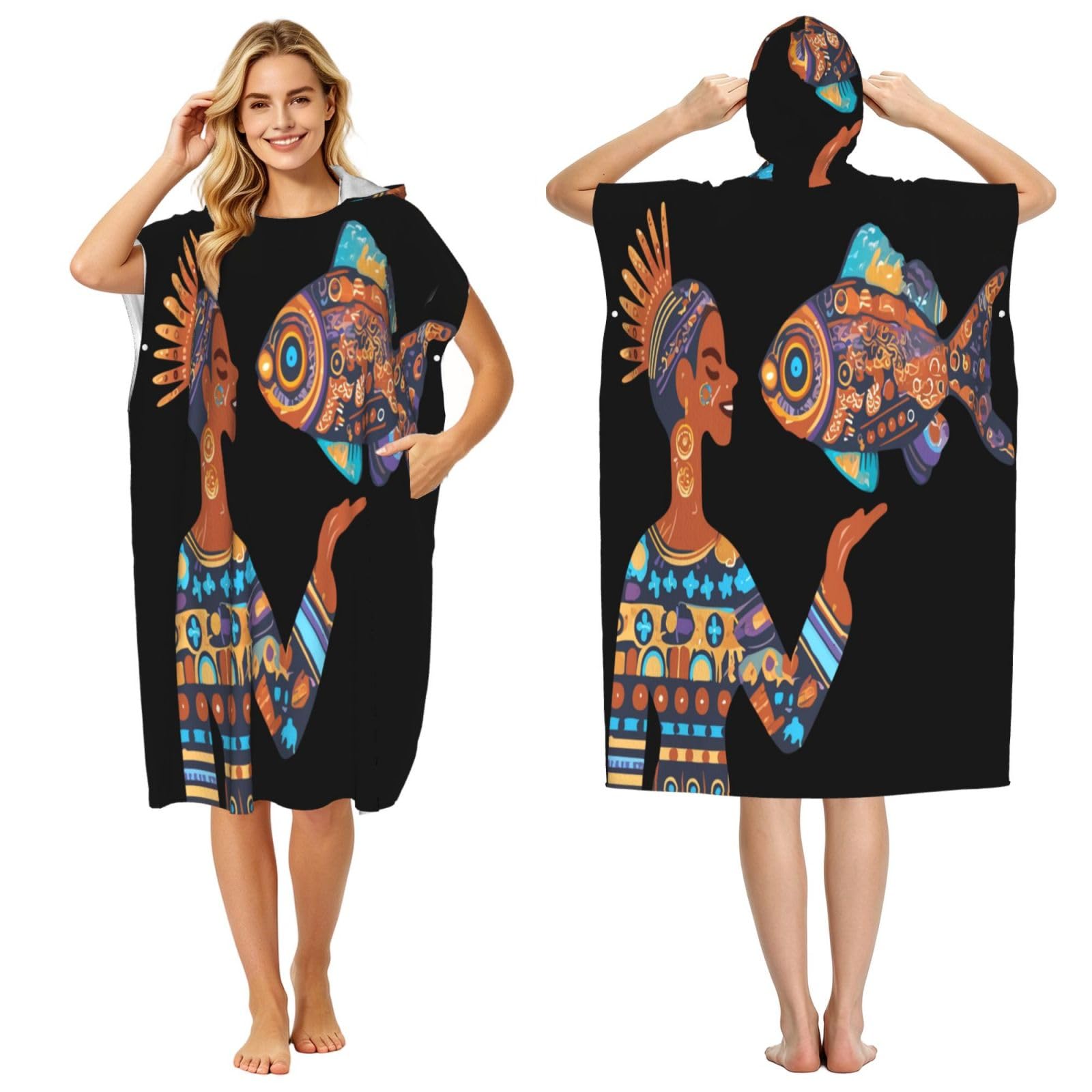 DTHKJNLSF Ancient Maya And Fish Adult Hooded Beach Poncho Towel