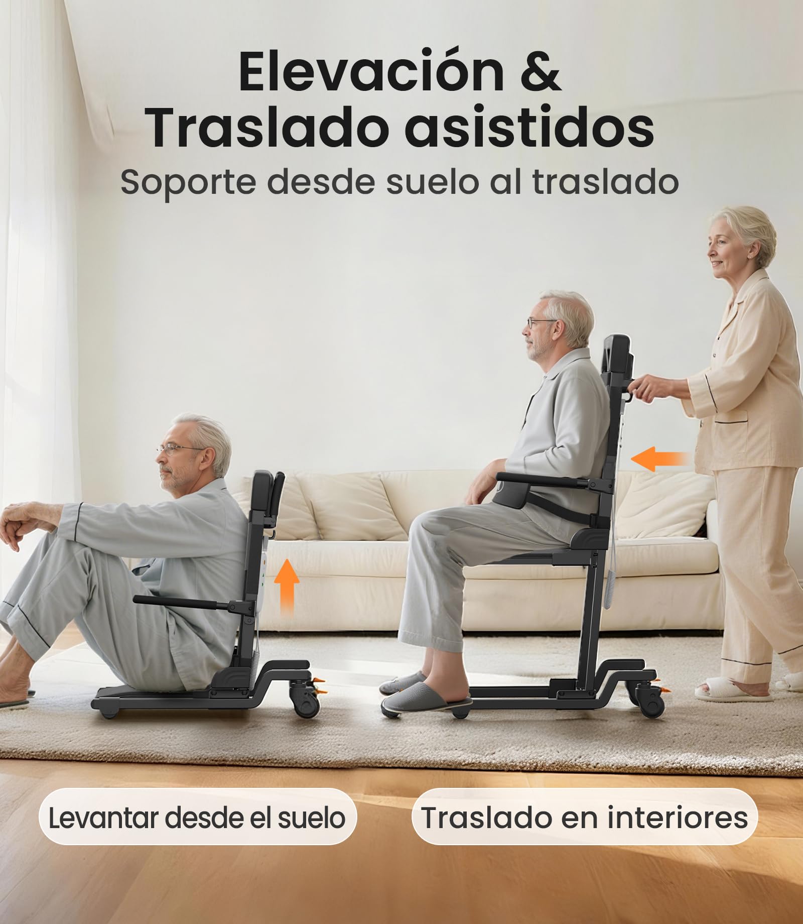 VOCIC AX35 Ayuda levantarse con Transferencia, Ruedas y Frenos | Mayores hogar, ayuda tras caída, elevador transferencia eléctrico, cama sofá silla ruedas, 4 ruedas freno compacto 160KG