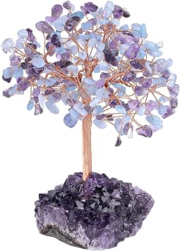 Healing Crystals Money Tree with Natural Amethyst Base, Crystal Stone Feng Shui Bonsai Figurines Tree of Life Decoration for Home Table Office, Amethyst & Aquamarine