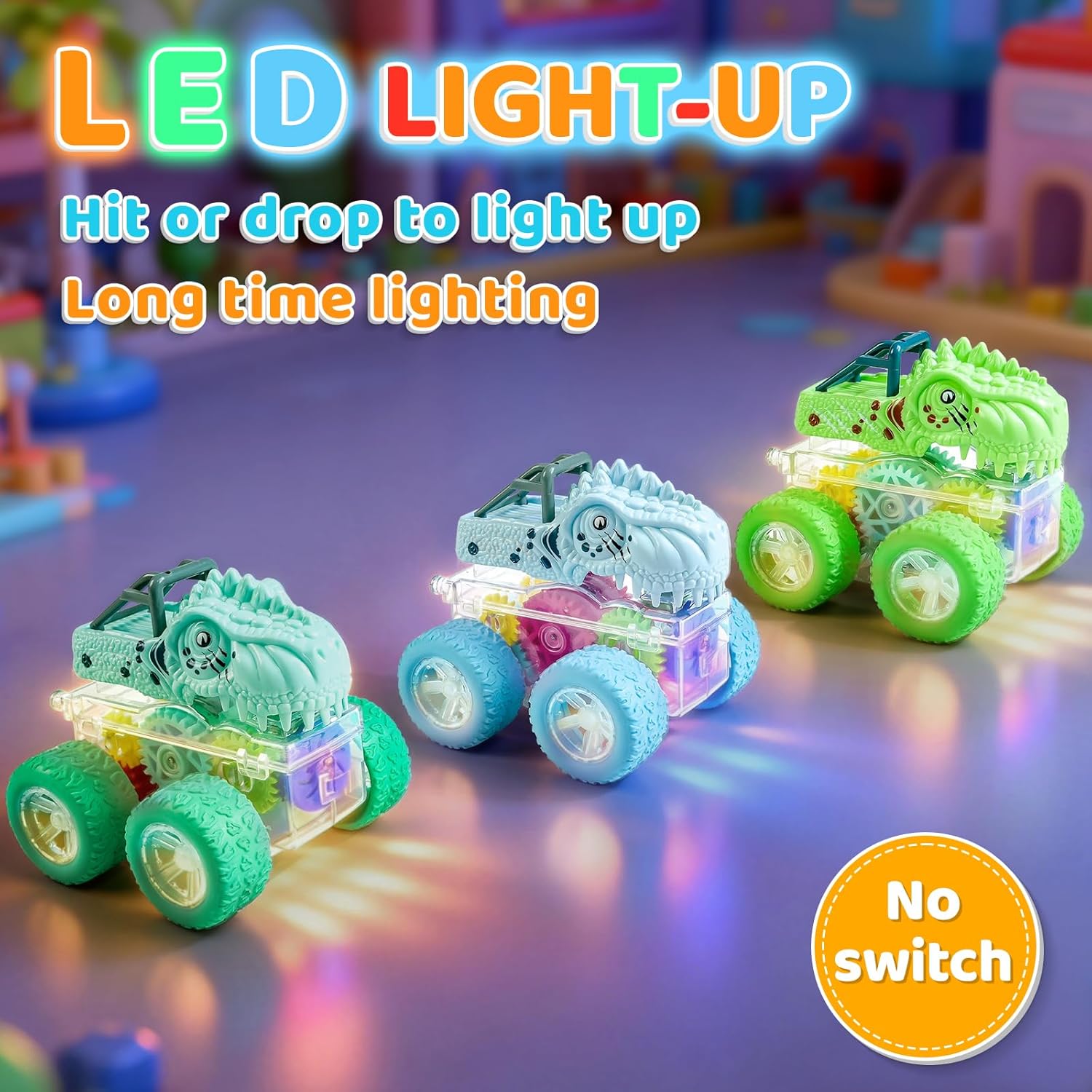 Beestech Light Up Dinosaur Toys for Toddlers 2-4, Monster Truck Toys for Kids 3-5, Push and Go Dinosaur Cars Toys for 2 3 4 5 6 Years Old Boys, Birthday for Boys Preschoolers