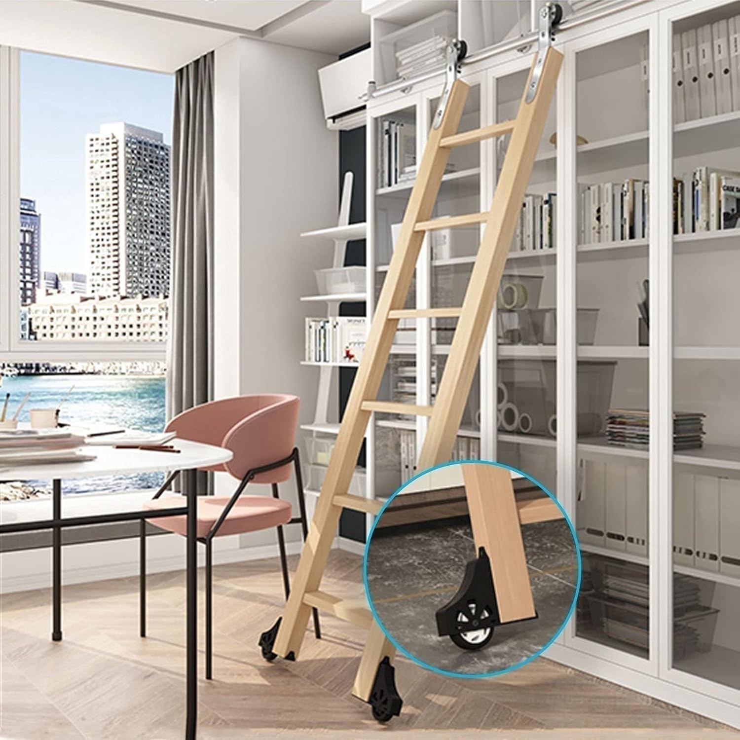 Rolling Library Sliding Ladder Hardware Kit - Round Tube Mobile Ladder Track, Home/Office Rolling Ladder Rail Full Set Kit 3.3ft-26.2ft, with Floor Roller Wheels(No Ladder) - Stainless Steel