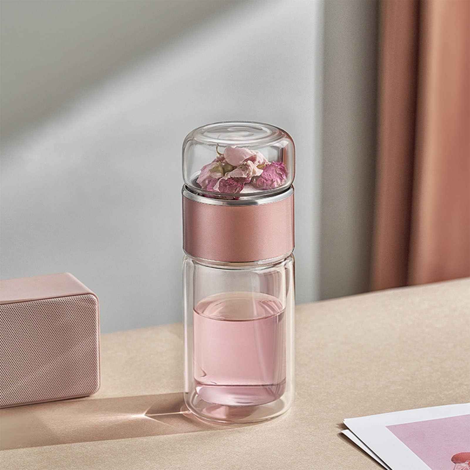 Bottiglia per Infusore per tè in Vetro Bottiglia per Infusore per tè, Infusore per tè in Vetro a Doppio Strato 430 Ml per la Casa (Oro rosa)