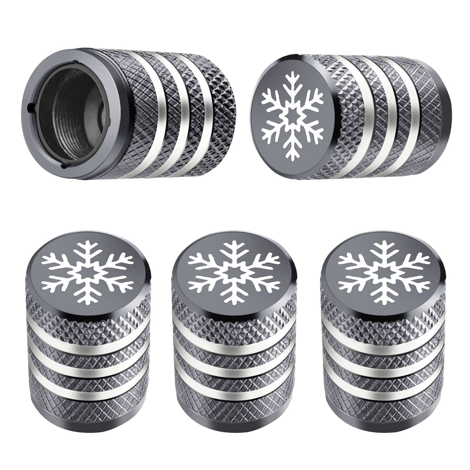 Tire Valve Stem Cap Cover - (5 Pack) Tire Air Caps Metal with Plastic Liner Corrosion Resistant Leak-Proof Snow Snowflake for Car Motorcycle Bike Grey