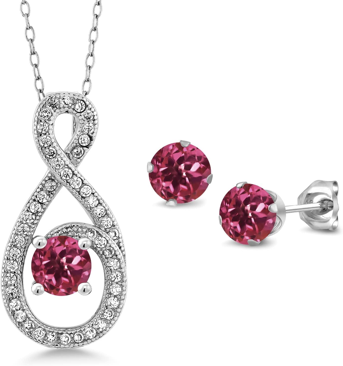 Gem Stone King 2.16 Cttw Round Pink Tourmaline 925 Sterling Silver Pendant Earrings Set For Women | Gemstone Birthstone | Round 5MM | With 18 Inch Silver Chain