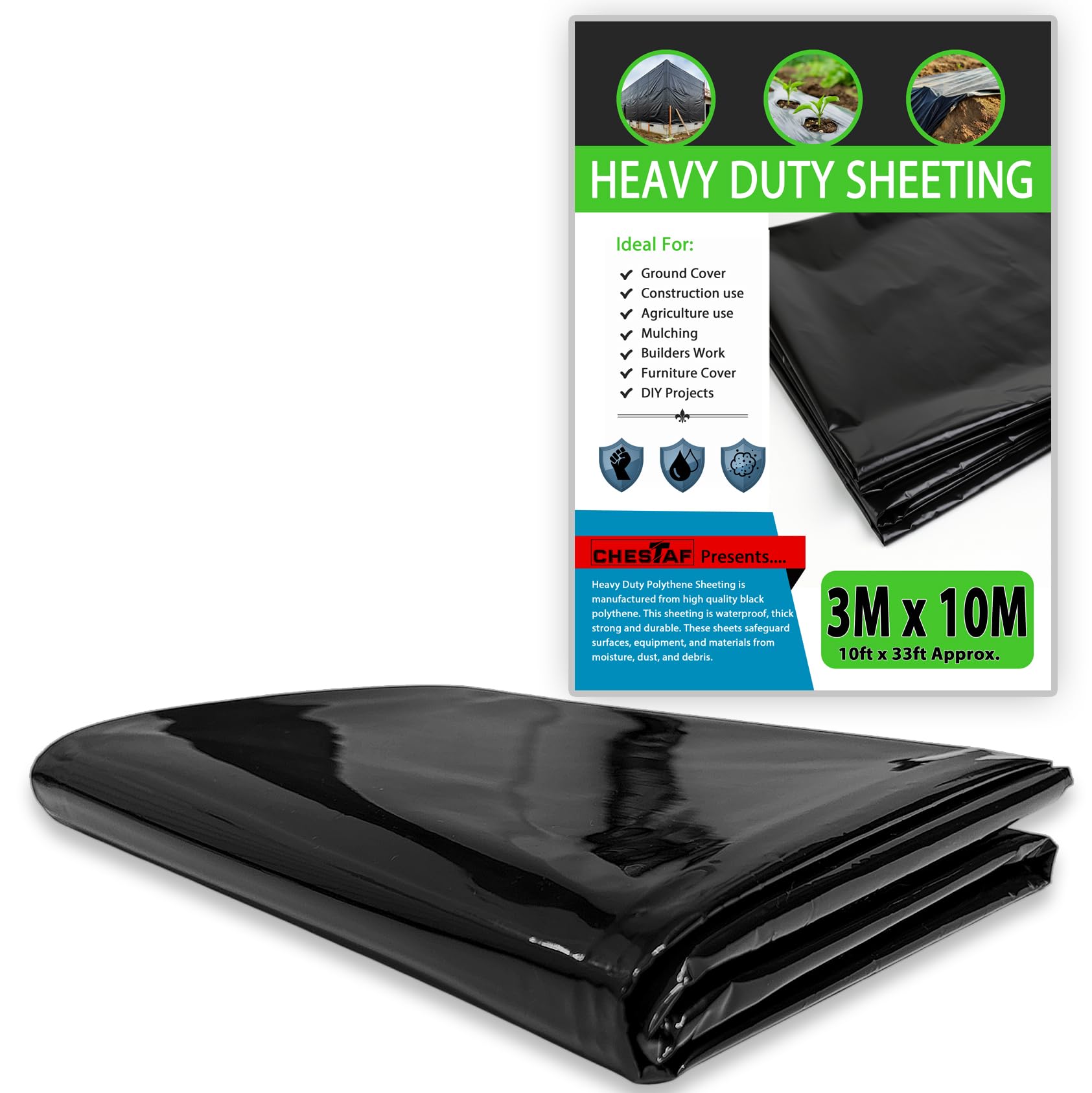 3M X 10M Black Plastic Sheeting Heavy Duty, 2750G Thick Polythene Sheeting Garden Grow, Dust Sheet Waterproof Outdoor Cover, Large Construction Gardening Insulation, Building Rubble Protection