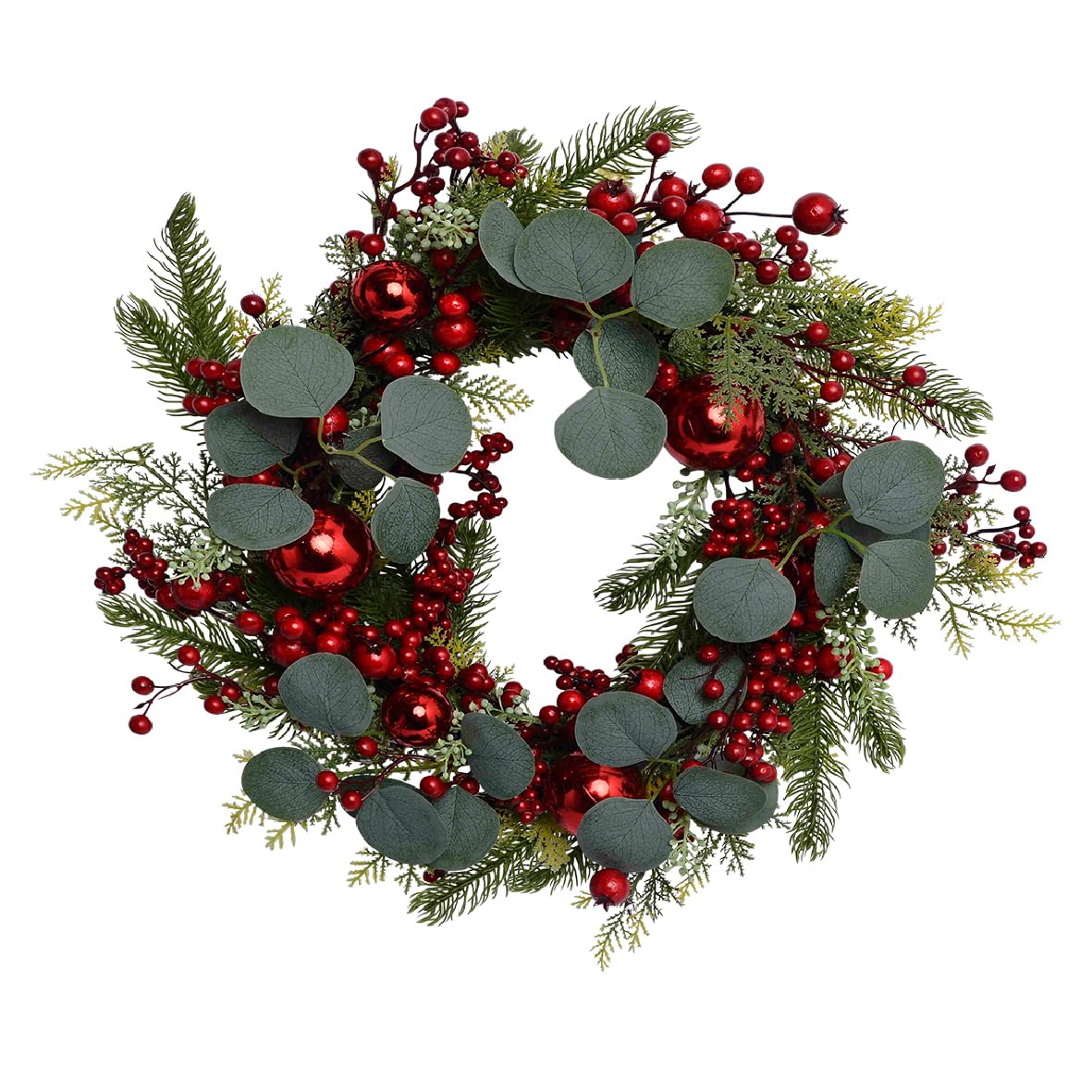 The Christmas Workshop Red 45Cm Christmas Wreaths/Snowberries, Baubles, Holly & Eucalyptus/Decorative Round Artificial Wreaths For Indoor & Outdoor Use ( Baubles)