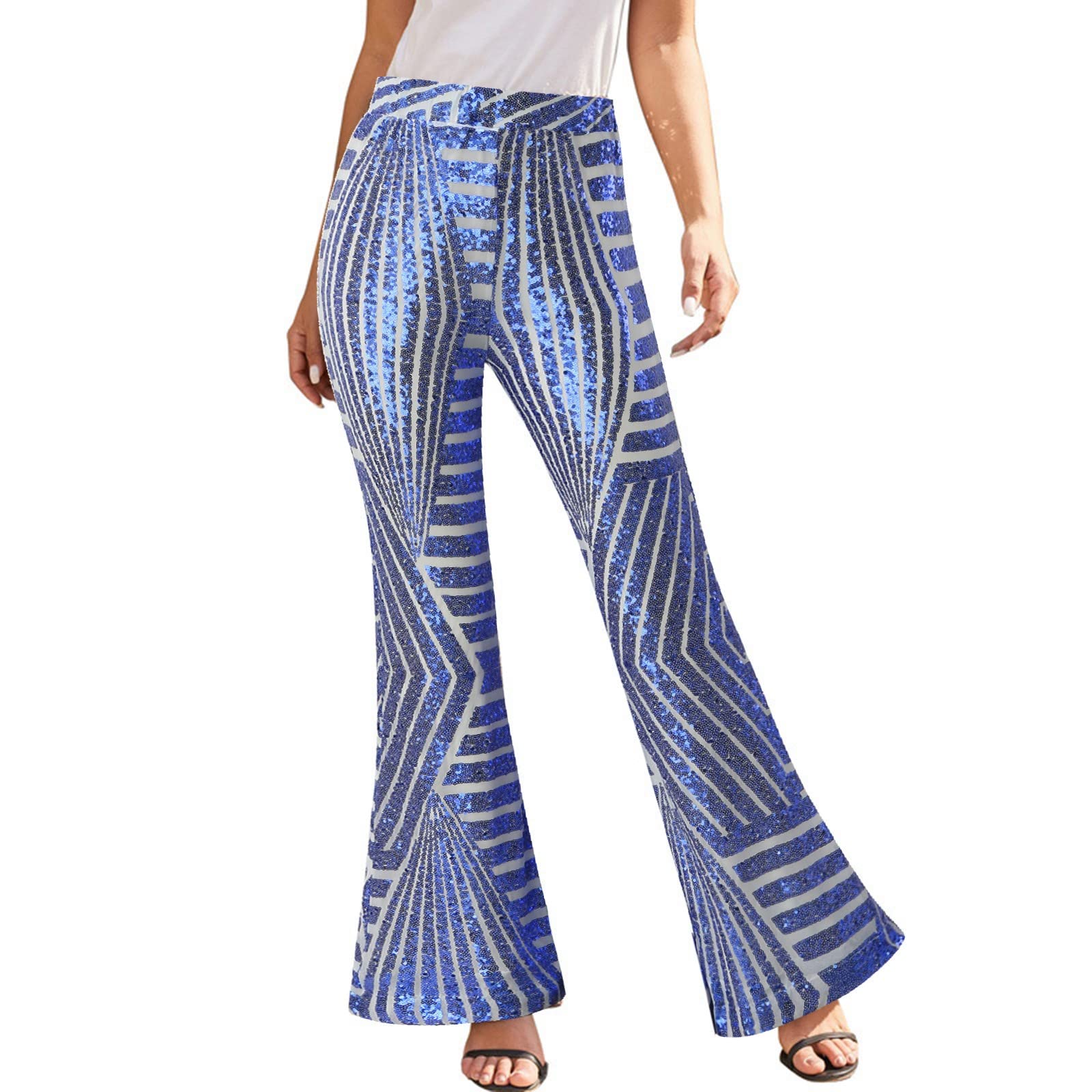 Pantaloni Glitterati Donna Elegante con Paillettes Zampa Elasticizzati Completo Larghi Casual Pantaloncini Scintillii Pantalone A Vita Alta Curvy Culotte