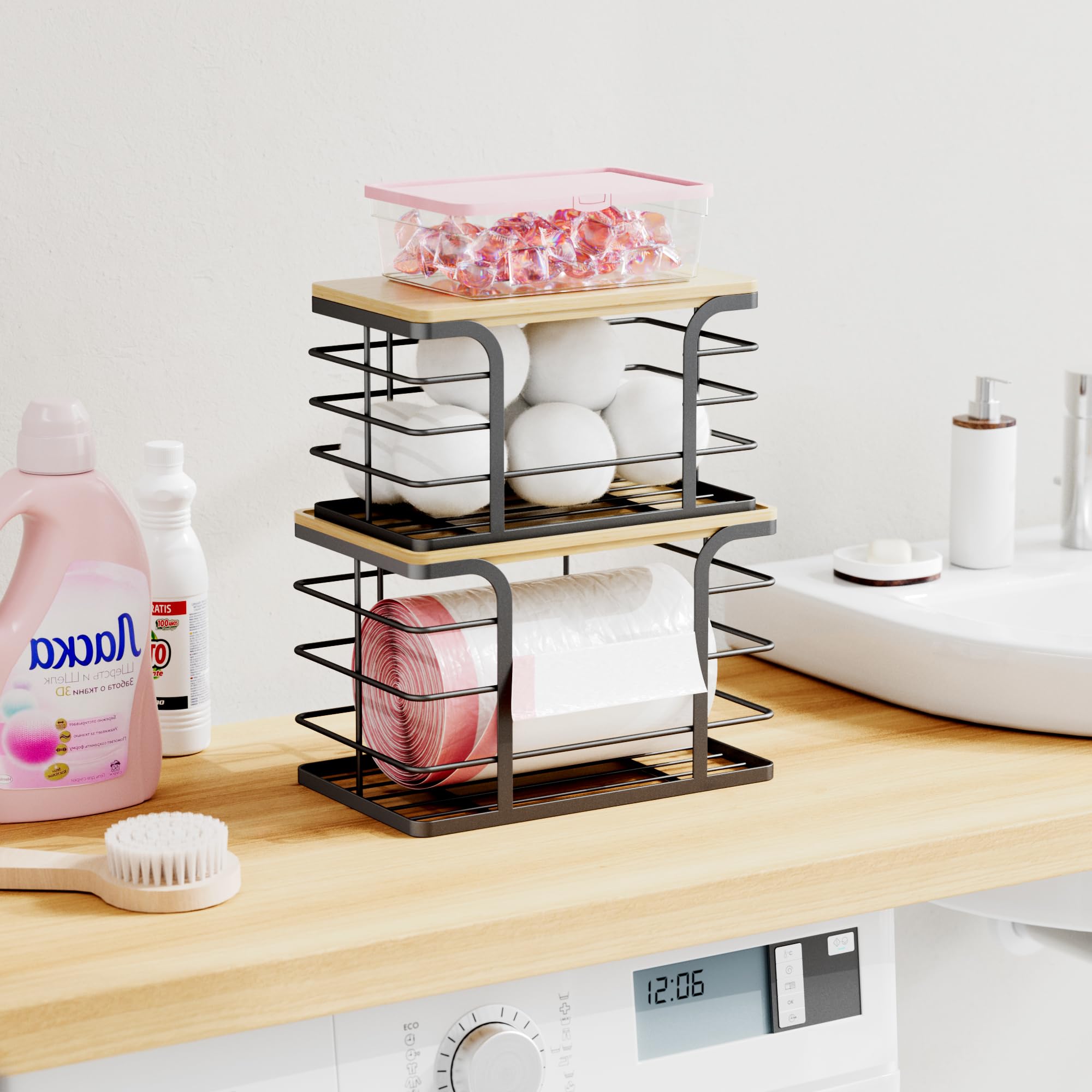 Stylstoreazy 2 Pack Trash Bag Holder,Wall Mount Garbage Bag Dispenser with Bamboo Top,Stackable Storage for Kitchen Laundry Organization,Black Large and Small