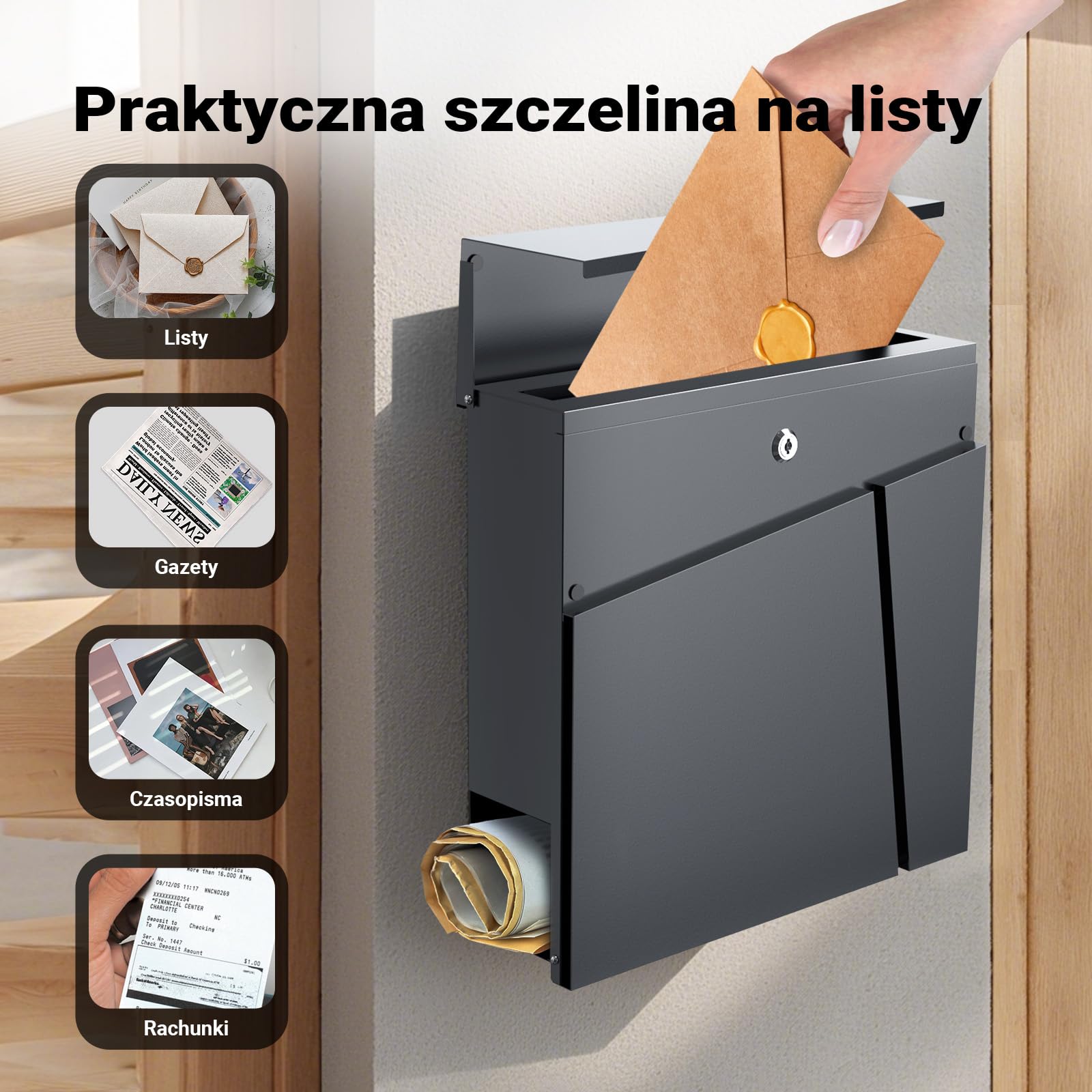 Wiltec Skrzynka na listy antracytowa V23, stalowa z ukrytym zamkiem, nowoczesna skrzynka pocztowa do montażu na ścianie i stojaku, miejsce na gazety